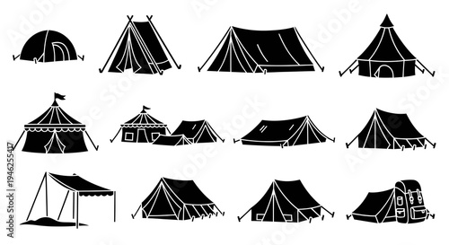 Outdoor Camping Tents Glyph Icons Set - Black  White Vector Silhouette Collection for Adventure