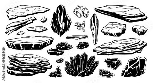 Geology Rocks, Stones, and Crystals Black and White Line Art Vector Set