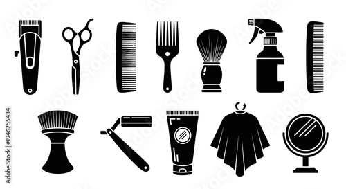 Barbershop Hairdressing Tools Glyph Icons Set. Grooming  Haircut Equipment
