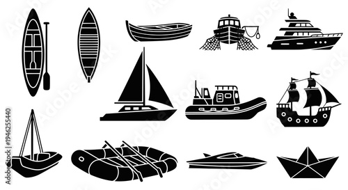 Marine Watercraft Icon Set: Boats, Ships, and Vessels Glyphs Collection