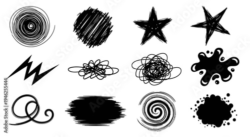 Hand-Drawn Black  White Abstract Shapes, Scribbles, Stars, Swirls  Ink Splashes Design Elements