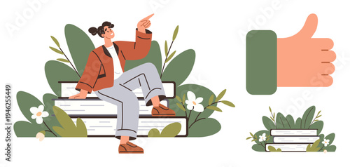 Education, motivation, success, positive mindset, learning journey, personal growth. Woman sitting on stacked books surrounded by flowers, thumbs-up icon beside her. Education and motivation concept