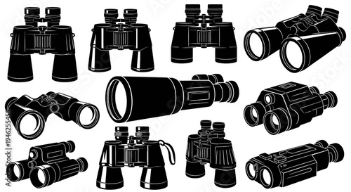 Black  White Line Art Binoculars and Optical Instruments Vector Icons Set