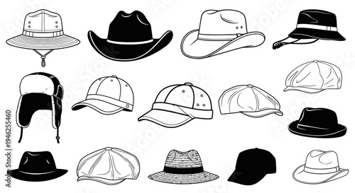 Fashion Hats  Caps Line Art: Black  White Vector Outline Collection of Headwear Styles