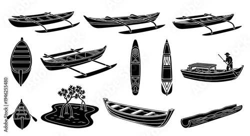 Traditional Watercraft  Island Life Glyphs Set: Canoes, Outriggers, Kayaks, Fishing Boats, Mangroves
