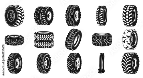 Heavy Duty Vehicle Tires Black White Vector Icons Set. Agricultural and Off-Road Equipment Wheel Illustrations