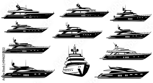 Marine Leisure Luxury Yachts Black and White Silhouette Vector Icons Set