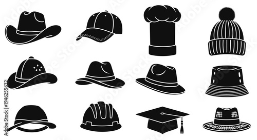 Collection of Hats and Headwear Glyph Icons. Diverse Black  White Style Design