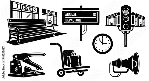 Black and White Glyph Icons Set for Travel, Transportation, and Office Administration