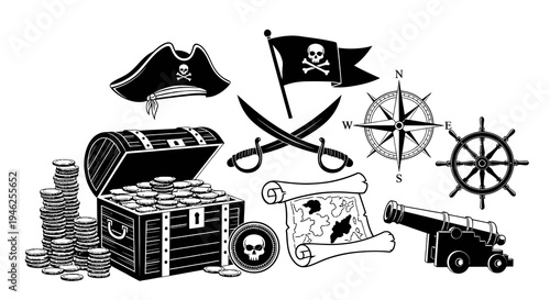 Black and White Pirate Adventure Vector Icon Set - Treasure, Map, Flag, Compass  Ship Elements