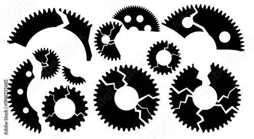 Black  White Broken Gears and Cogwheel Parts - Industrial Mechanics Technology Vector Set