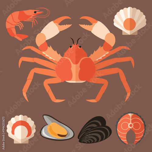 Set of Seafood Icons in Flat Design