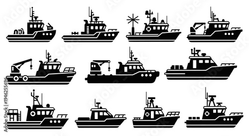 Vector Maritime Boats and Ships Glyph Icon Set. Commercial, Fishing, Rescue Vessels