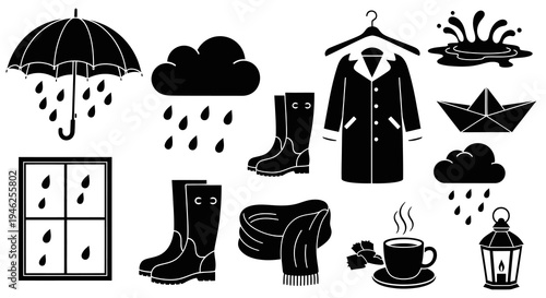Autumn Rainy Weather  Cozy Elements Black  White Glyph Icons. Umbrella, Boots, Coat, Coffee