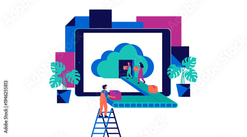 A person on a ladder interacts with a large laptop displaying a cloud and people, surrounded by plants and colorful blocks.