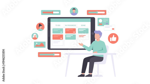 A man presents data on a large computer screen in an office setting with various icons.