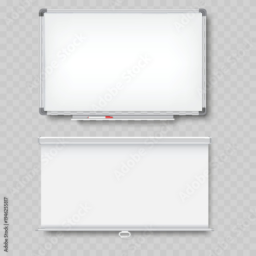 Realistic Blank Whiteboard and Projector Screen Mockup Set. Vector Wall Presentation Templates.