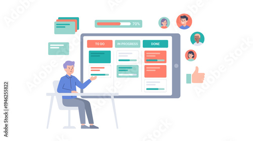 A man sits at a desk interacting with a large computer screen displaying various colorful graphs and charts in an office environment.