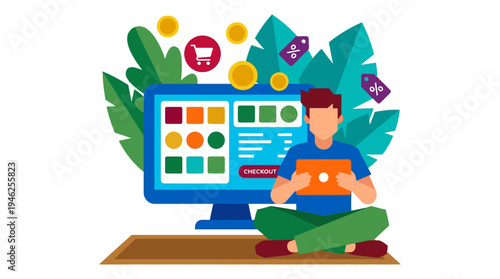 Man sitting on floor with computer and tablet surrounded by colorful icons