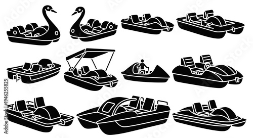 Travel Recreation Pedal Boats and Swan Boats Black  White Glyph Vector Icons Set