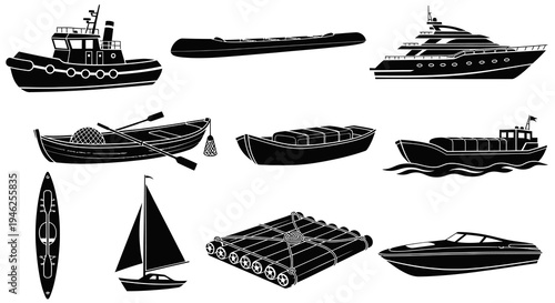 Marine Vessels and Watercraft Black and White Silhouette Glyph Icons Collection