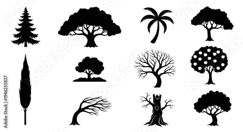 Nature  Ecology Vector Tree Silhouettes Set - Diverse Black  White Glyph Icons for Landscape Design