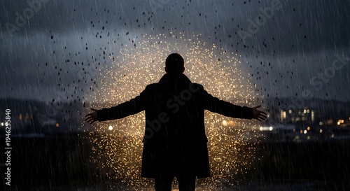 A person stands in a dark rainstorm where the raindrops magically transform into glowing golden light around them, symbolizing invincibility and protection.