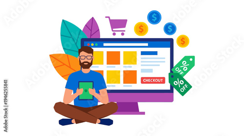Man meditates in front of a colorful computer screen with shopping icons floating around.