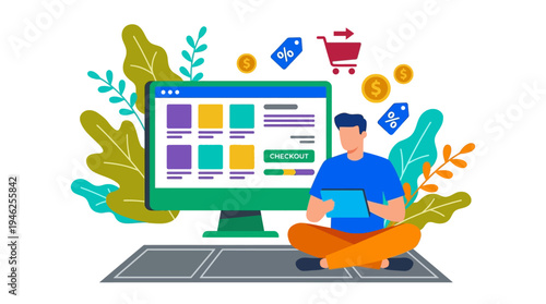 A man sitting cross-legged on a gray floor with a laptop and surrounded by floating shopping icons and a large green computer monitor displaying colorful squares.