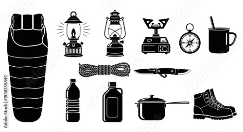 Camping and Hiking Outdoor Gear Black Silhouette Icons Set