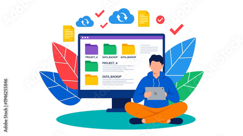 Person sitting on floor using laptop in front of computer monitor with colorful leaves