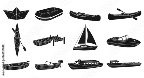 Marine Water Transport Boats and Watercraft Black Glyph Icons Collection