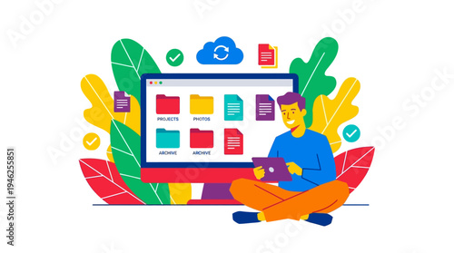 A person sits cross-legged on the floor in front of a large computer monitor surrounded by colorful leaves and icons.