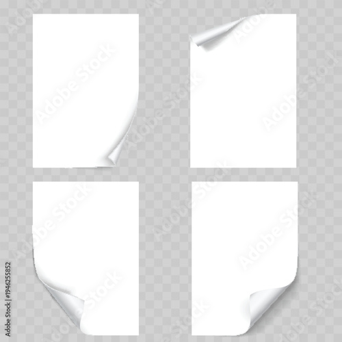 Realistic Blank Paper Sheet Mockup Set. Vector White Pages with Curled Corners and Drop Shadows.