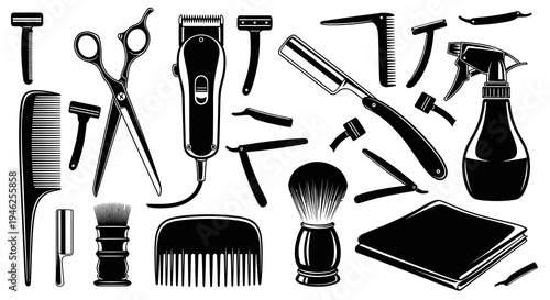 Barbershop Tools Silhouette Icons Set: Scissors, Combs, Razors, Clippers  Grooming Equipment