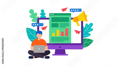 A man sits cross-legged on the floor with a laptop in front of a large computer monitor displaying a colorful graph surrounded by leaves and symbols.