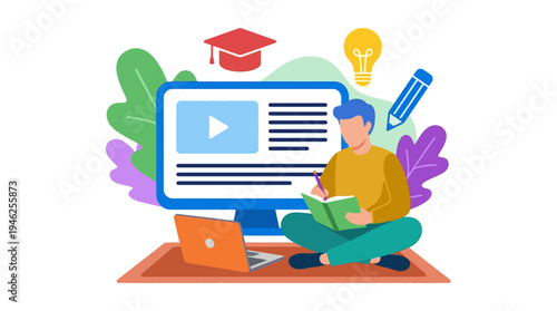 A person sits cross-legged on the floor with a laptop and book while watching an educational video on a large screen.