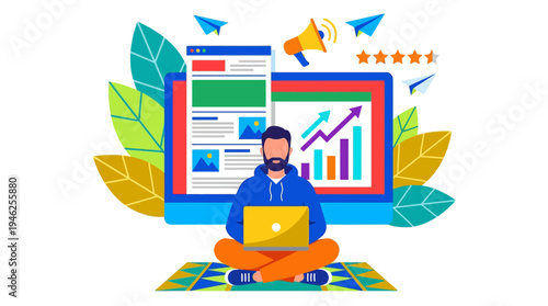 A man sits cross-legged on a mat with a laptop on his lap in front of a large computer screen displaying graphs surrounded by leaves and a megaphone.