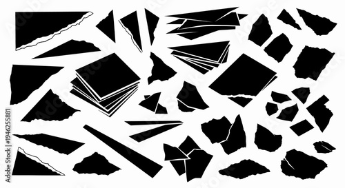 Black  White Vector Abstract Graphic Design Elements: Torn Paper, Shattered Fragments
