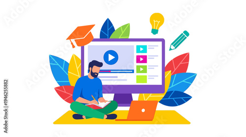 Man sitting with laptop and large computer monitor surrounded by colorful leaves and education icons