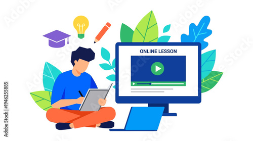 A person engages in an online lesson sitting cross-legged on the floor with a laptop and digital tablet surrounded by educational icons.