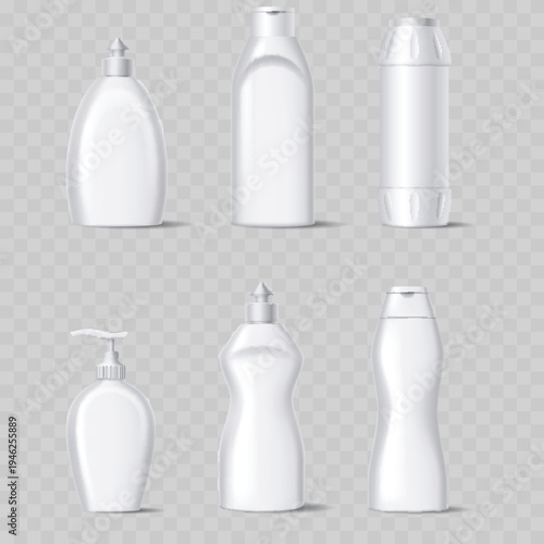 Realistic White Plastic Bottle Mockup Set. Vector Blank Packaging Templates for Household Cleaning, Soap, and Cosmetics.