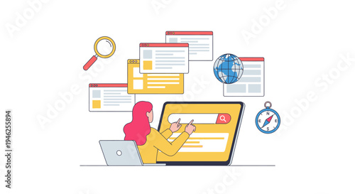 A woman searches online with a laptop and tablet surrounded by web pages.