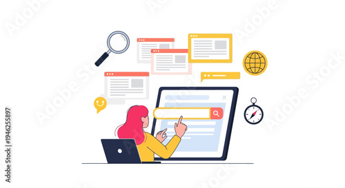 A woman searches on a laptop surrounded by web pages and icons.