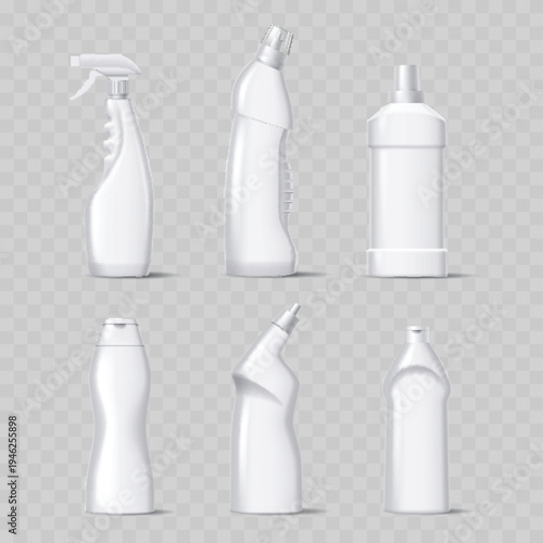 Realistic White Plastic Bottle Mockup Set. Vector Blank Packaging Templates for Household Cleaning, Soap, and Cosmetics.