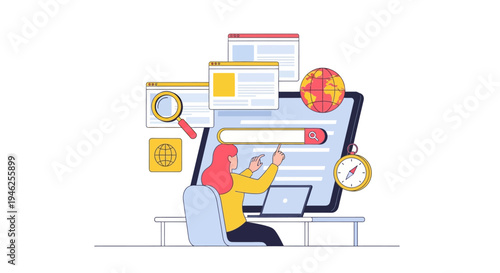 A person searches on a large computer screen with various icons