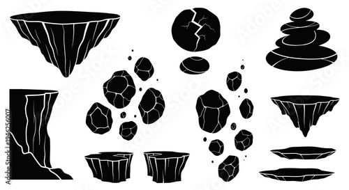 Fantasy Gaming Environment Rocks  Floating Islands: Black and White Vector Silhouette Icons
