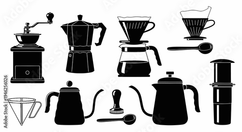 Food  Drink Coffee Brewing Equipment Silhouette Icons Set
