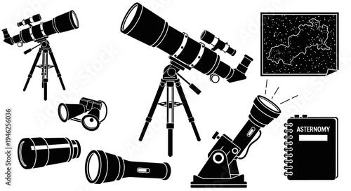 Black  White Glyph Astronomy Observation Tools Vector Set: Telescopes, Binoculars, Star Map