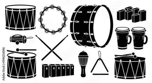 Black  White Percussion Instruments Glyph Icons Set for Music and Rhythm